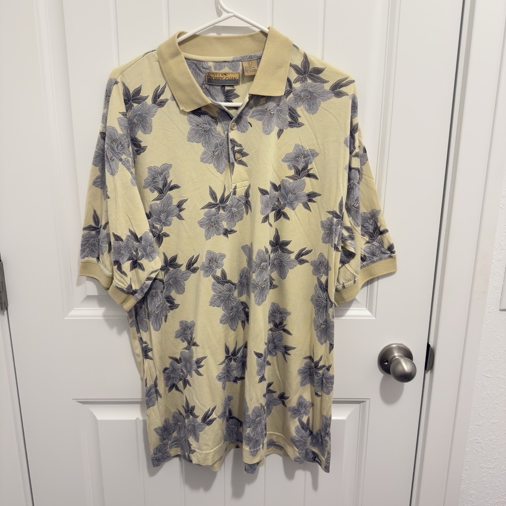 Bobby Chan Men's Yellow Gray Floral Print Polo Silk/Cotton Size Large